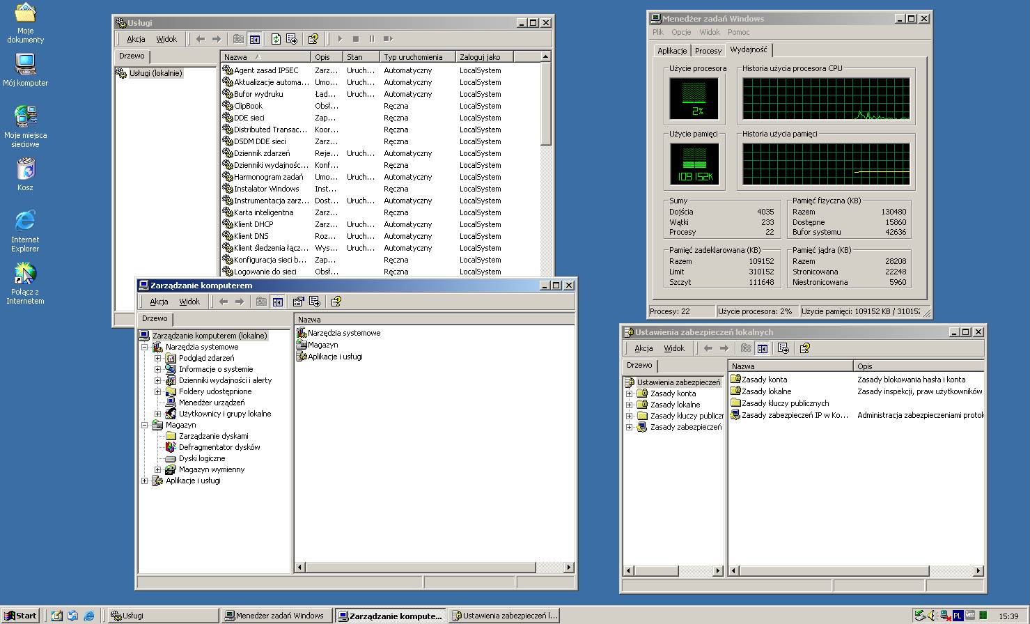Narzędzia administracyjne systemu Windows (Usługi, Zabezpieczenia lokalne, Zarządzanie komputerem)