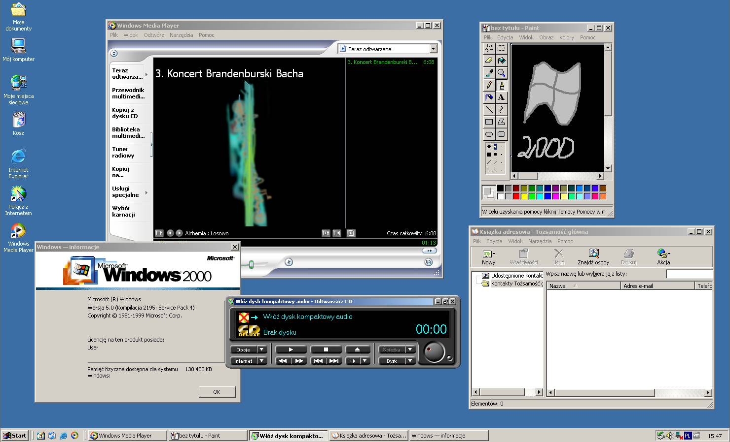 Podgląd na typową pracę z systemem Windows 2000. Zestaw uruchomionych aplikacji systemowych.