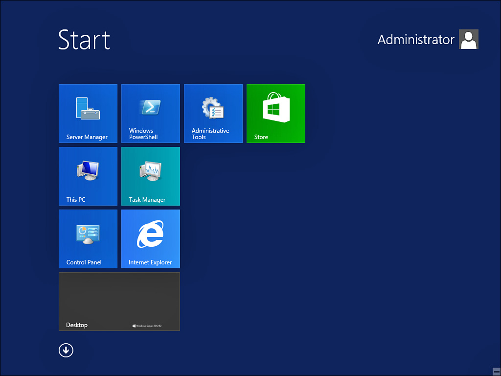 "Menu Start" w Windows Server 2012, zapożyczone z systemów Windows 8.x