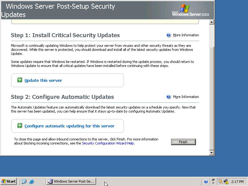 Pulpit systemu Windows Server 2003. Ekran powitalny konfiguracji serwera.