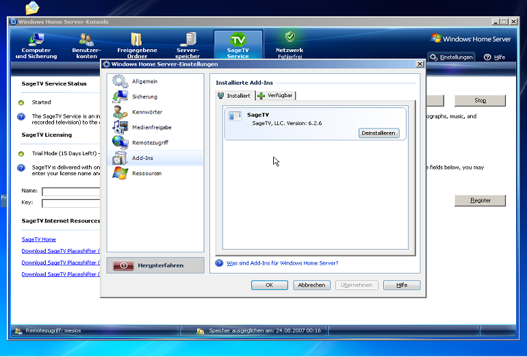 Konsola zarządzania systemem Windows Home Server 2007. Opcja instalacji dodatków.