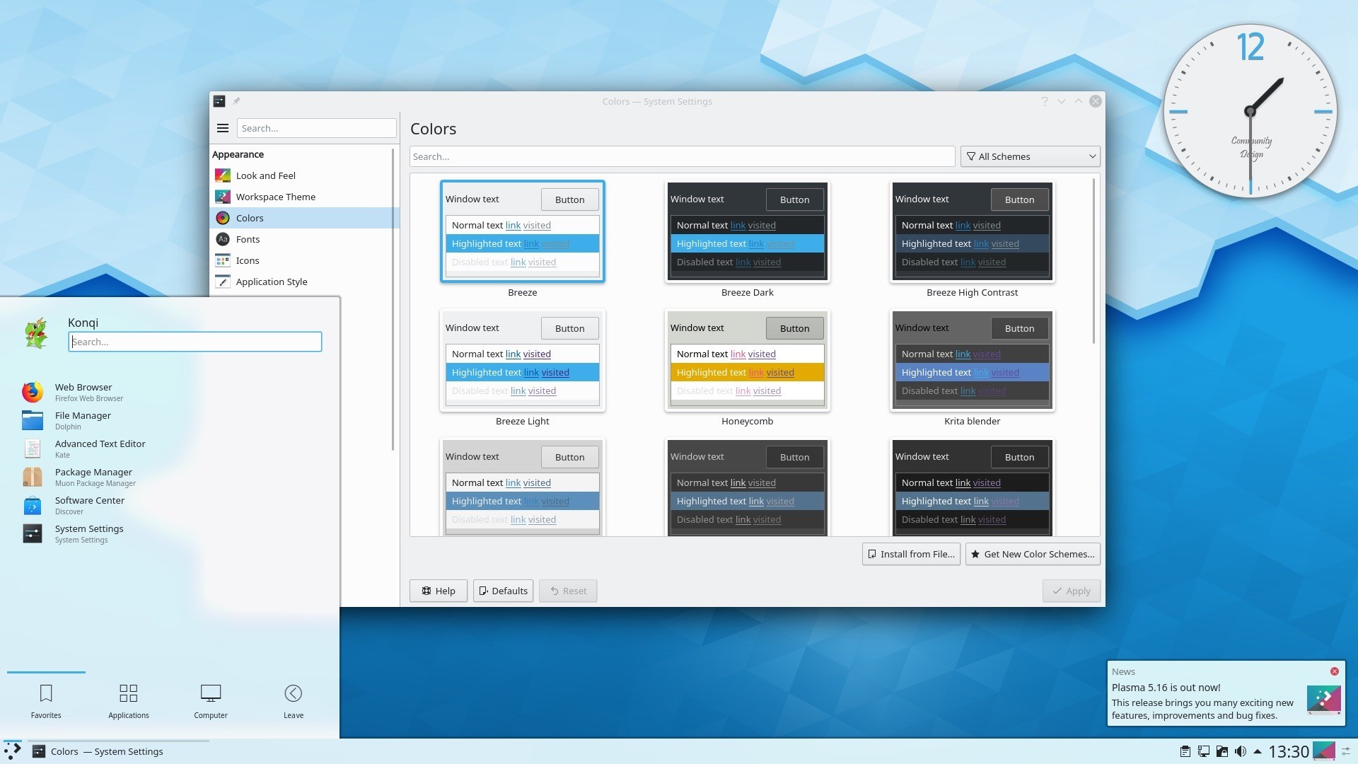Domyślnie prekonfigurowany wygląd systemu i okien oparty na KDE. Ustawienia personalizacji.