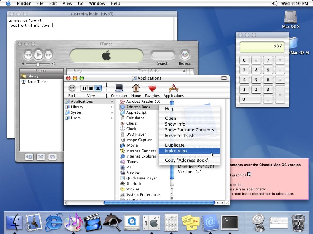 Zestaw uruchomionych aplikacji systemowych MacOS X.