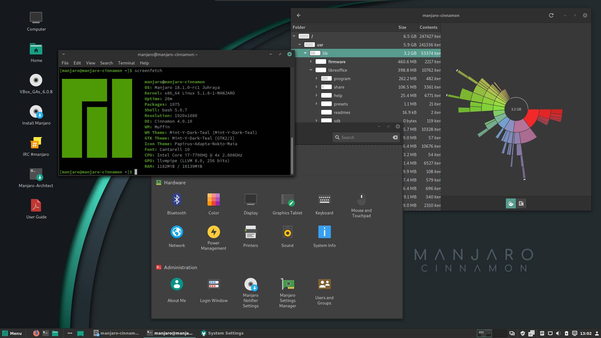 Pulpit systemu Linux Manjaro w środowisku graficznym Cinnamon.