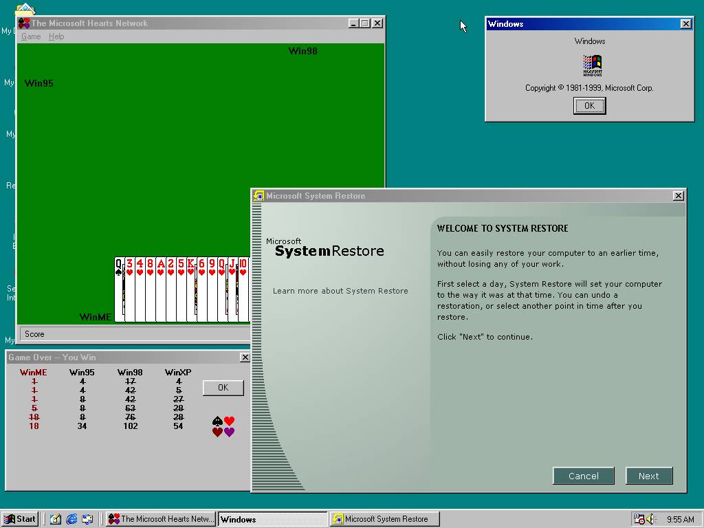 Aplikacje systemu Windows ME, nowa funkcja przywracania systemu- System Restore.