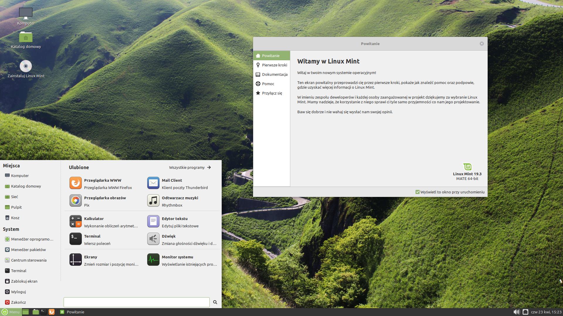 Pulpit systemu Linux Mint zainstalowanym w środowisku MATE.