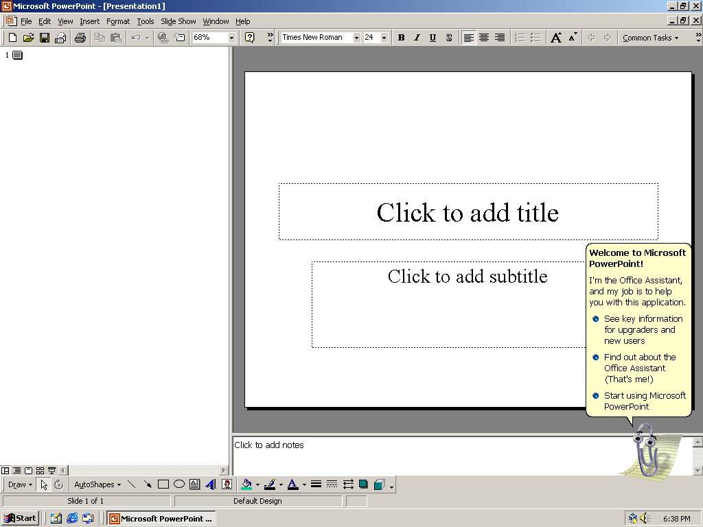 Okno programu PowerPoint pakietu Office 2000.