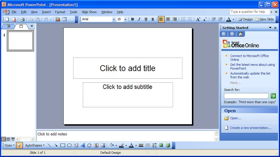 Okno programu PowerPoint pakietu Office 2003.
