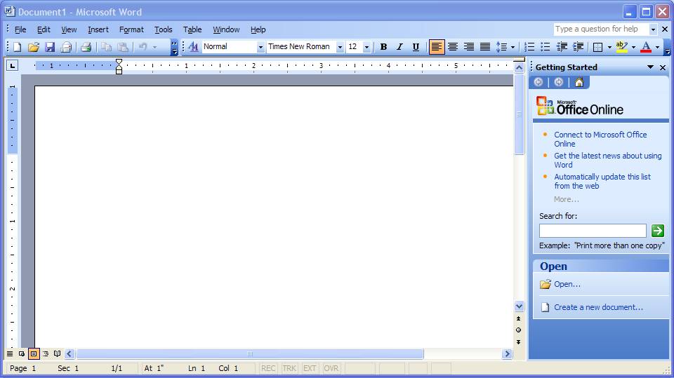 Okno programu Word pakietu Office 2003.