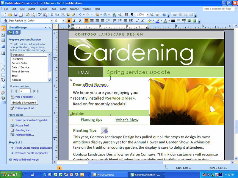 Okno programu Publisher pakietu Office 2007.