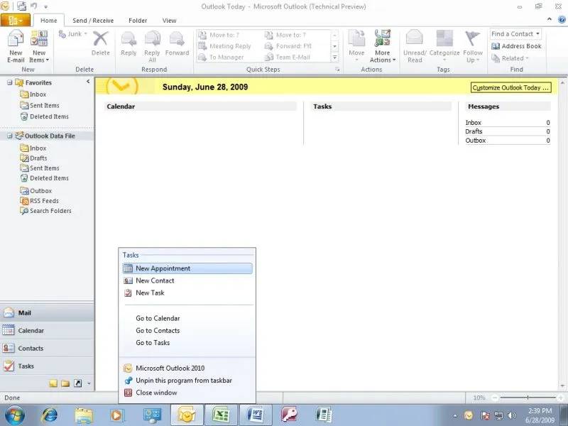 Okno programu Outlook pakietu Office 2010.