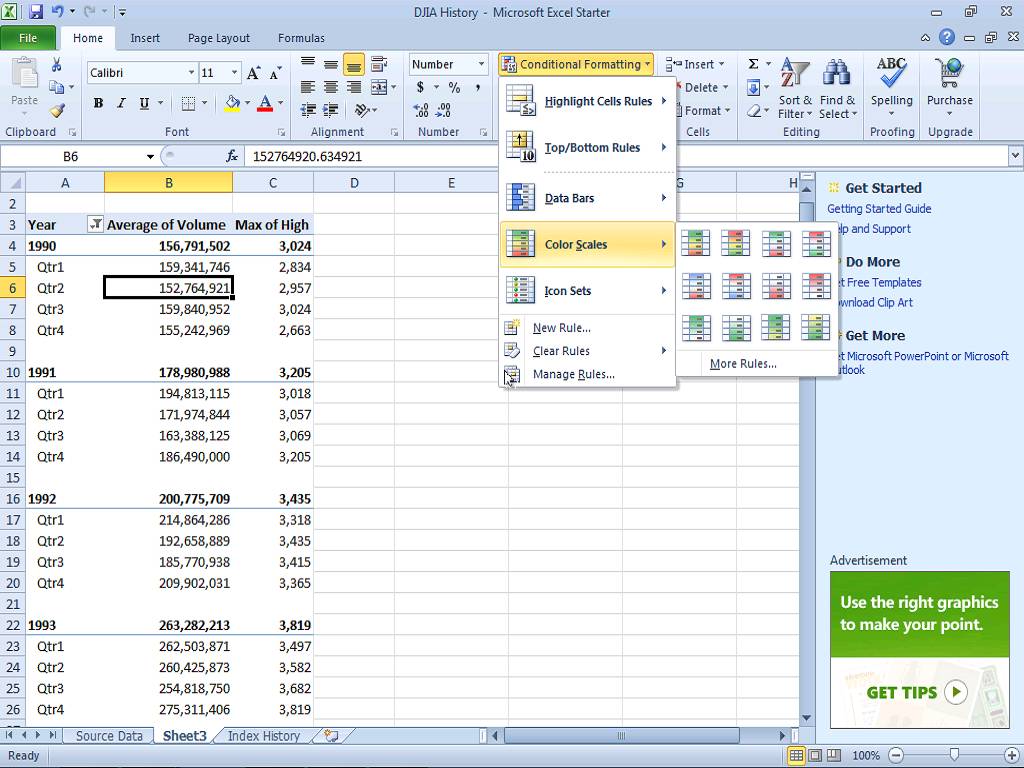 Okno programu Excel pakietu Office 2010.