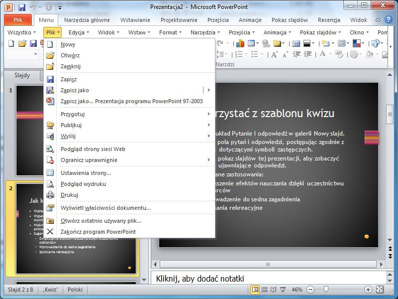 Okno programu PowerPoint pakietu Office 2010.