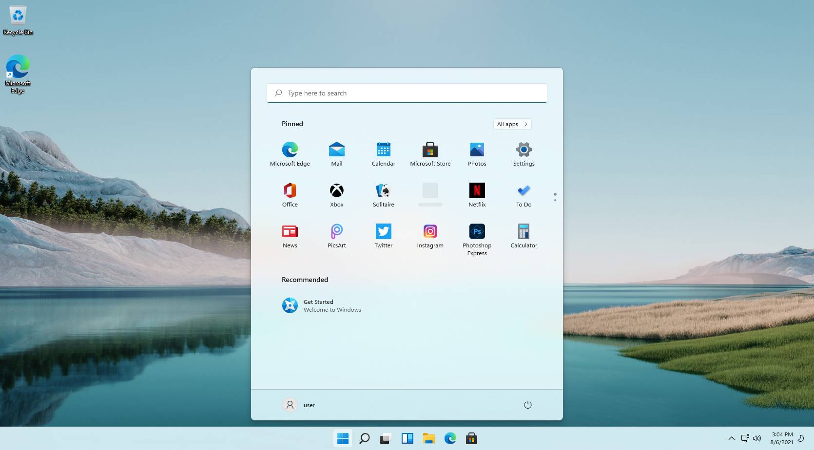 Odświeżony wygląd pulpitu, paska zadań oraz menu Start w systemie Windows 11.