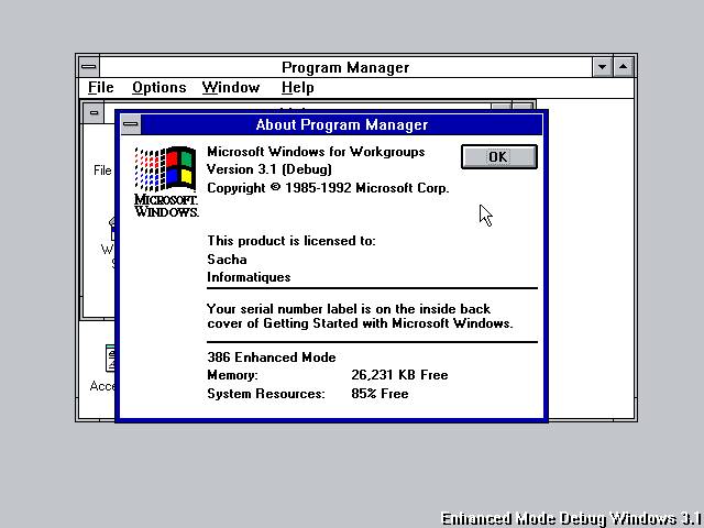 Okno informacji o systemie Windows 3.1.