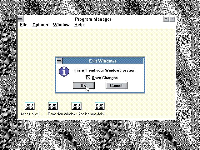 Okno zamykania systemu Windows 3.0.