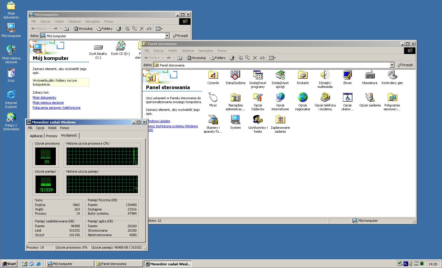 Okno eksploratora Windows oraz Panelu Sterowania zawierającego linki do szybkich zadań.