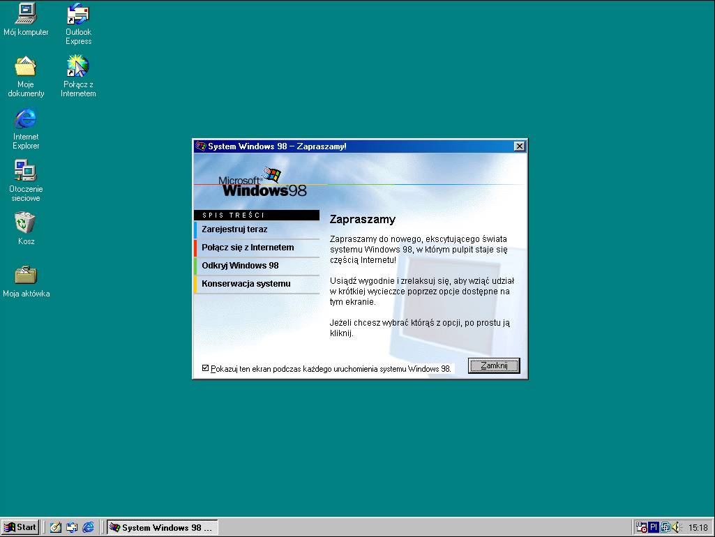 Pulpit systemu Windows 98. Okno powitalne.