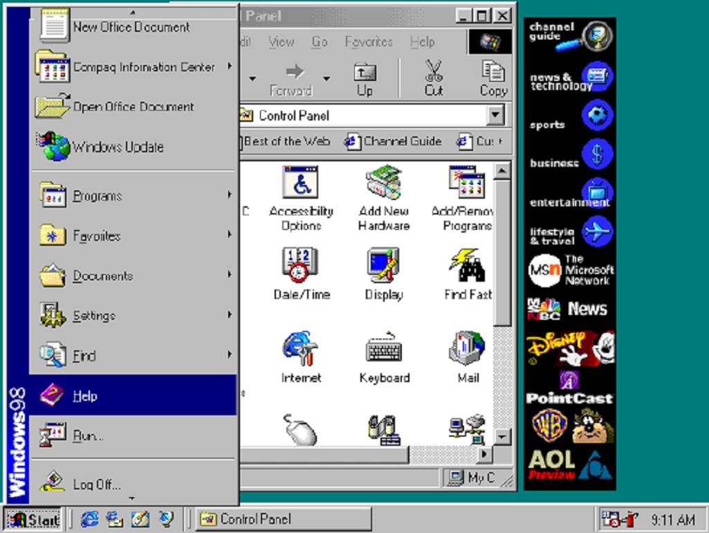 "Active Desktop" pozwalający na wyświetlanie kontrolek ActiveX bezpośrednio na pulpicie Windows. Domyślnie jest to pasek kanałów, który umieszcza reklamy i łącza do innych stron na pulpicie użytkownika.