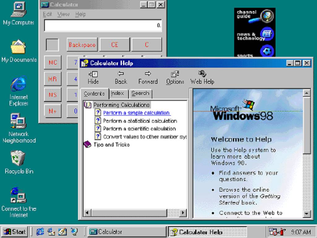 W systemie Windows 98 stara "Pomoc Windows" została zastąpiona przez "Hiperpomoc" będącą składnikiem przeglądarki Microsoft Internet Explorer.
