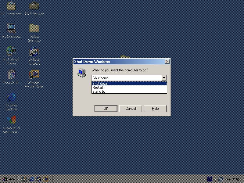 Ekran zamykania systemu z usuniętą opcją powrotu do podsystemu DOS.