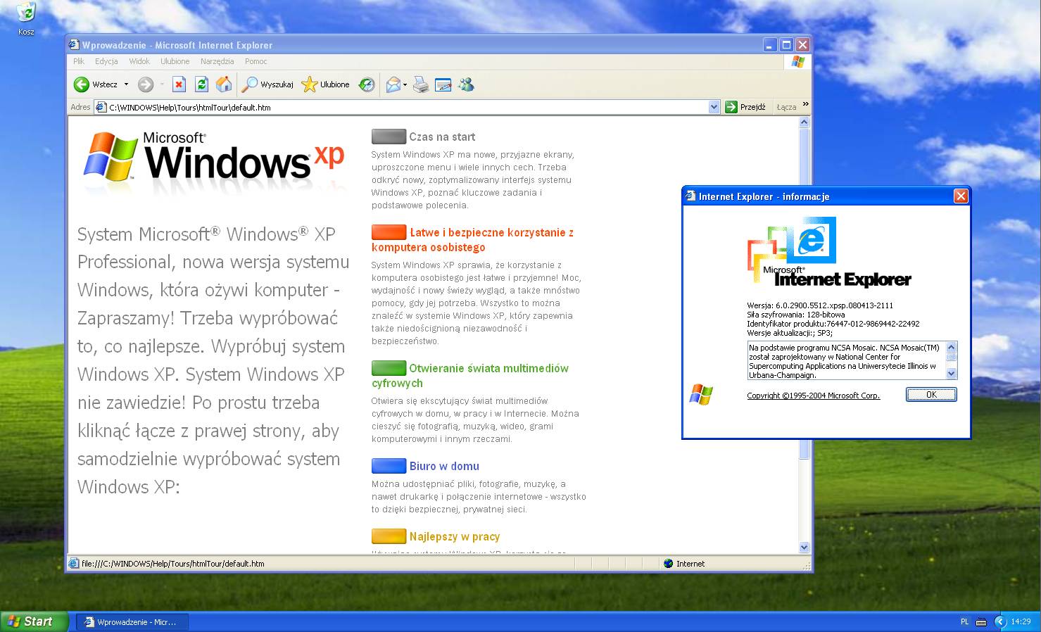 Okno powitalne samouczka systemu Windows XP, otwarty w oknie przeglądarki Internet Explorer 6.
